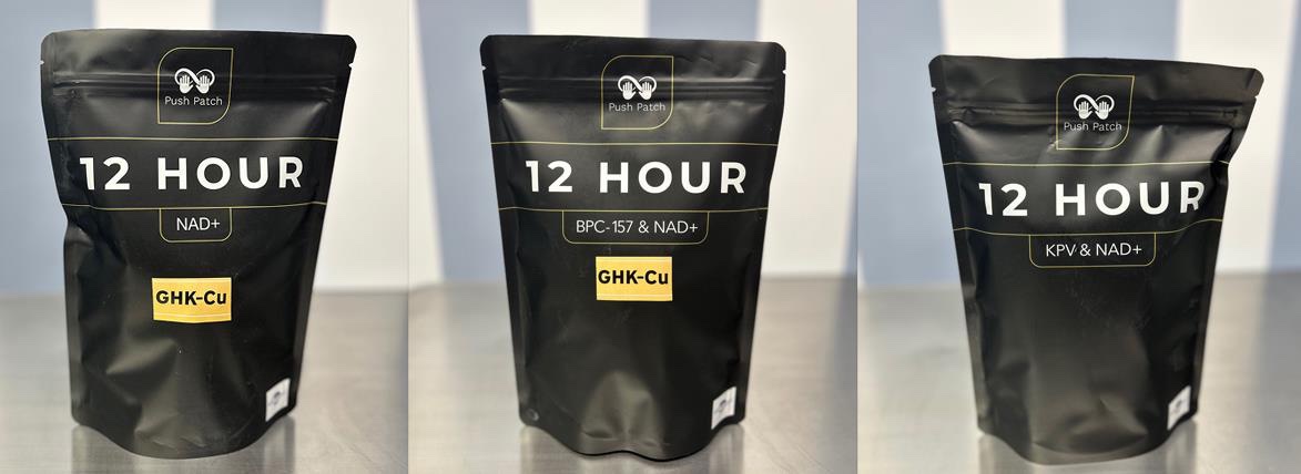 Three black Push Patch pouches labeled 12 HOUR: NAD+ with GHK-Cu, BPC-157 and NAD+ with GHK-Cu, and KPV and NAD+