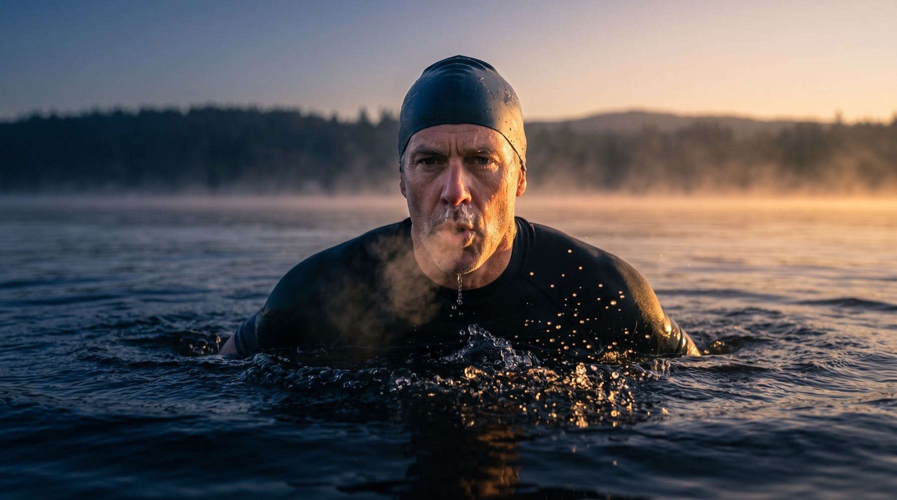 Man in his 50s breaking the surface of cold dark water at sunrise, controlled breath