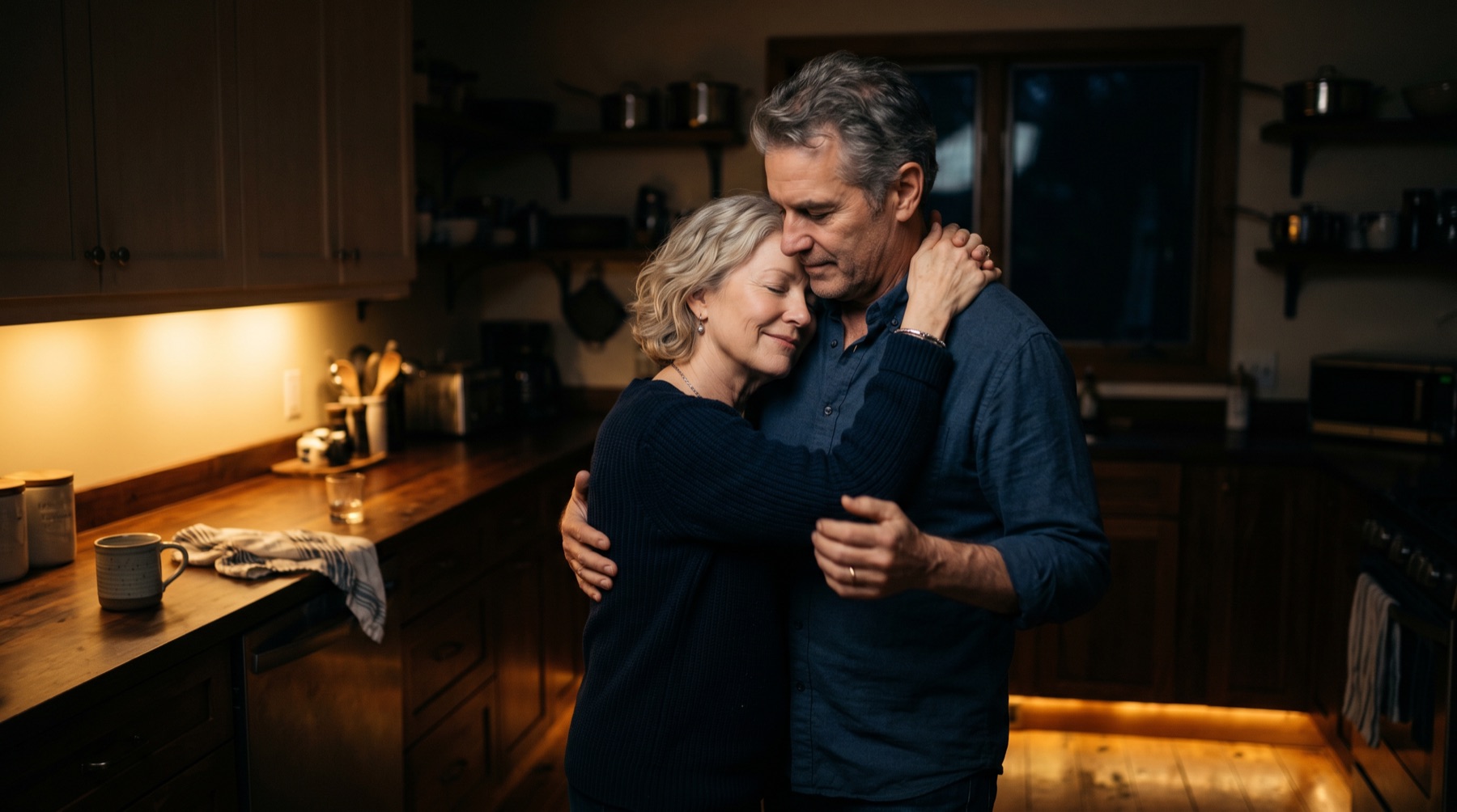 Couple in their late 50s slow-dancing in a dim kitchen late at night