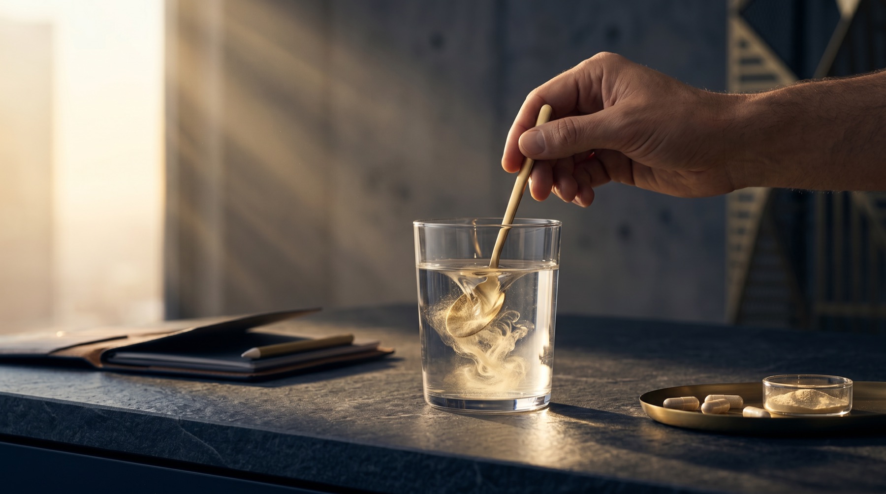 Man's hand stirring fine powder into a glass of water on a dark stone counter