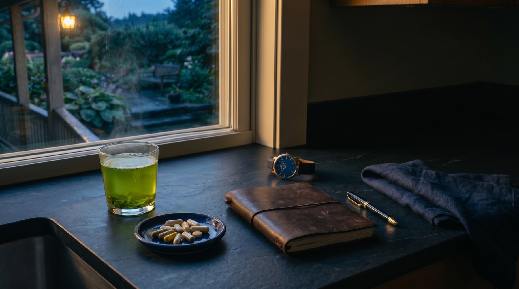 Morning protocol laid out on a dark counter — green tea, supplements, journal, watch