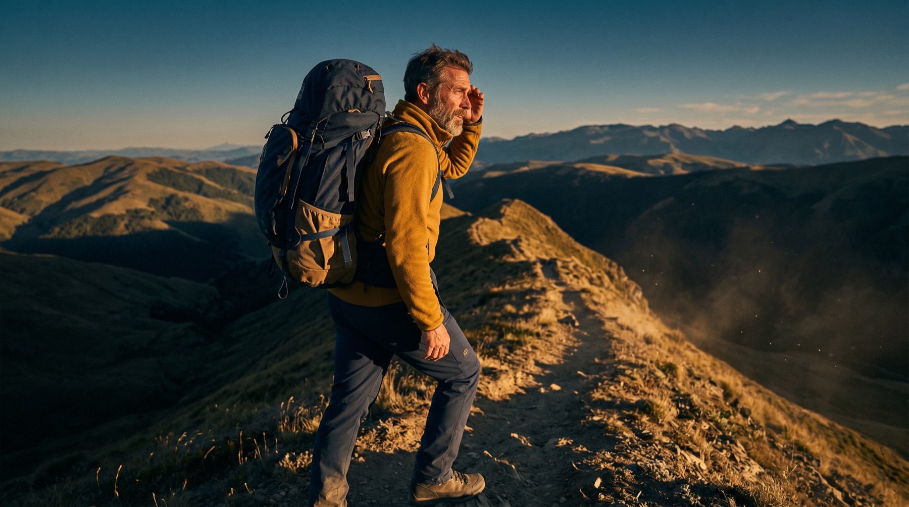 Man in his 50s hiking a ridge trail at golden hour with a weighted pack