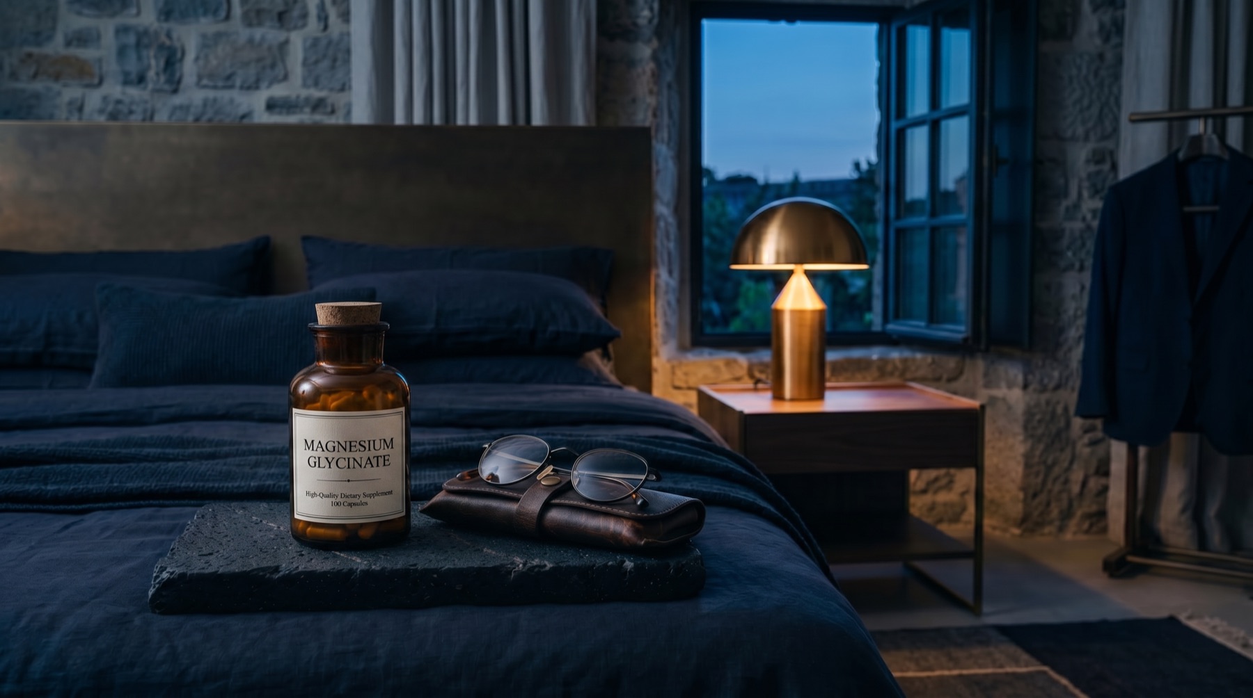Amber supplement bottle on a stone tray in a calm navy bedroom at dusk