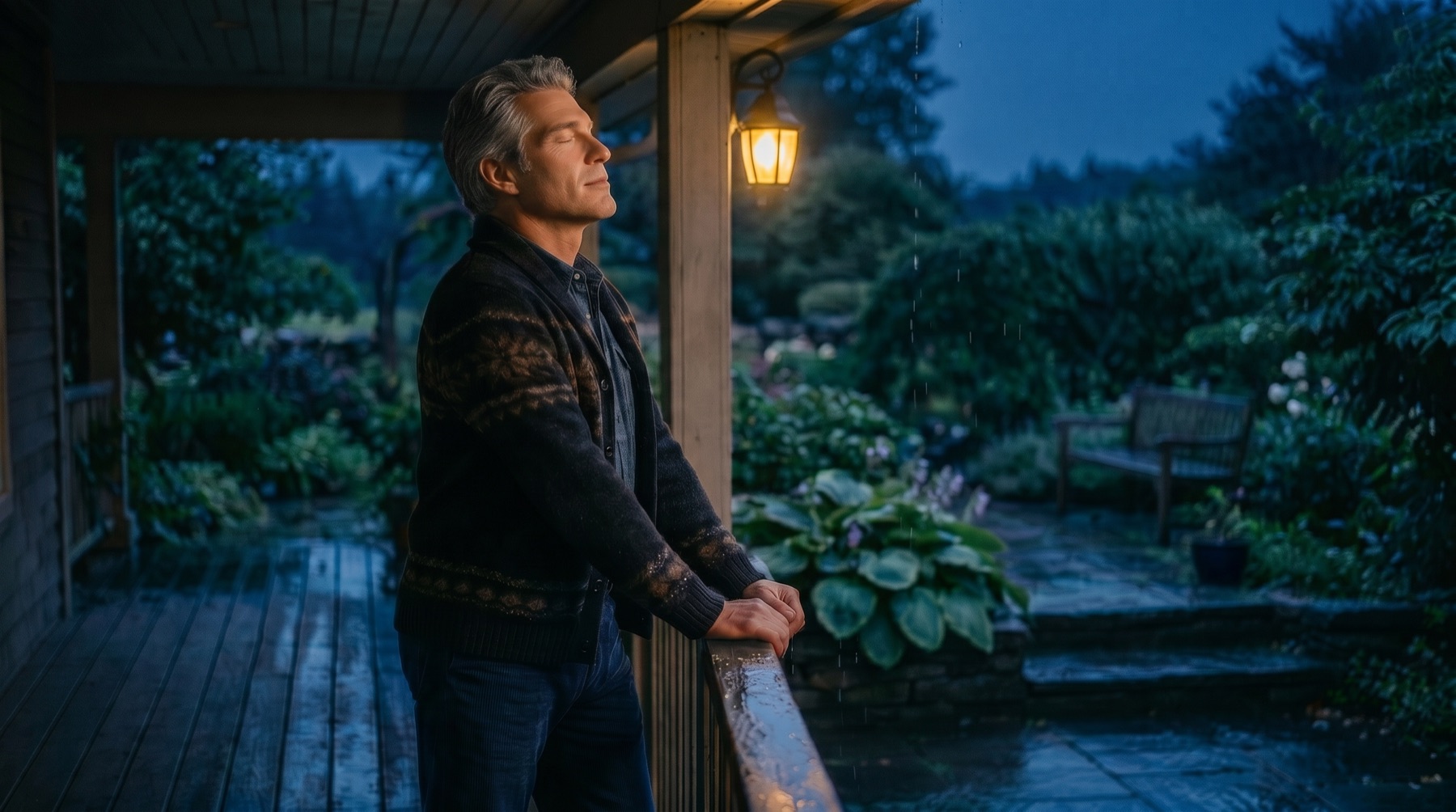 Man in his early 50s on a covered porch at dusk after rain, eyes closed, exhaling